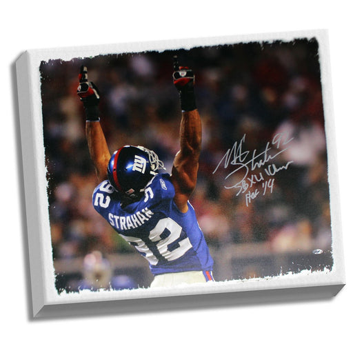 Michael Strahan Signed Pointing To The Sky Giants Blue Jersey Vertical 22x26 Canvas w SB XLII Chanps HOF 14 Insc. (AP 0709300367