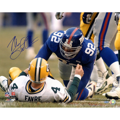 Michael Strahan Signed Sacking Brett Favre 16x20 Photo