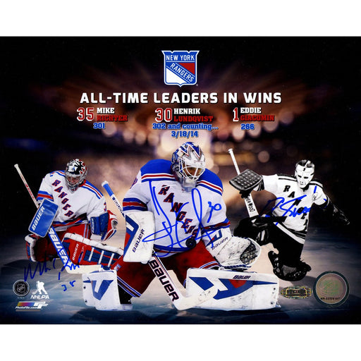 Mike RichterHenrik LundqvistEddie Giacomin Triple Signed Rangers All Time Wins Leaders 8x10 Collage Photo