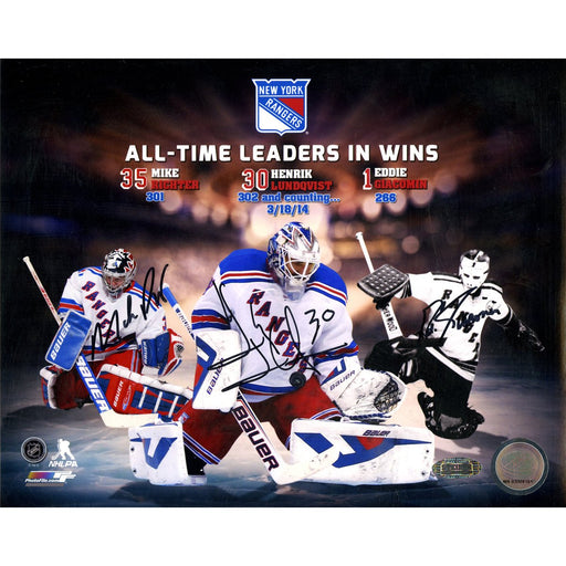 Mike RichterHenrik LundqvistEddie Giacomin Triple Signed Rangers All Time Wins Leaders 8x10 Collage Photo (Signed in Black)