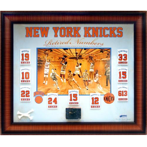 New York Knicks Floating Retired Numbers Banners Framed 20x24 Collage w Game Used MSG Court & Net