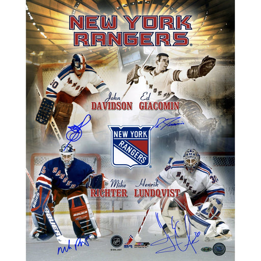 New York Rangers Signed Goalie Greats Vertical 16x20 Photo Giacomin Lundqvist Richter Davidson