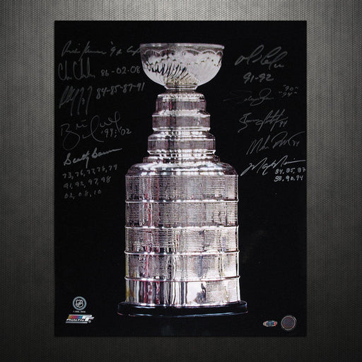 Stanley Cup Trophy Vertical 16x20 Photo Signed By Keenan Chelios Coffey Hull Bowman Lemieux Graves Leetch Richter & Messier w Cu