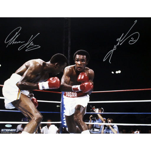 Sugar Ray Leonard Punches Thomas Hearns Signed 16x20 Photo Dual Signed