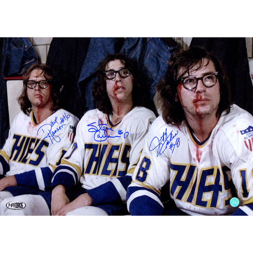 The Hanson Brothers Signed Charleston Chiefs Slap Shot Post Fight Bloody 14x20 Photo (AJ Sports Auth)