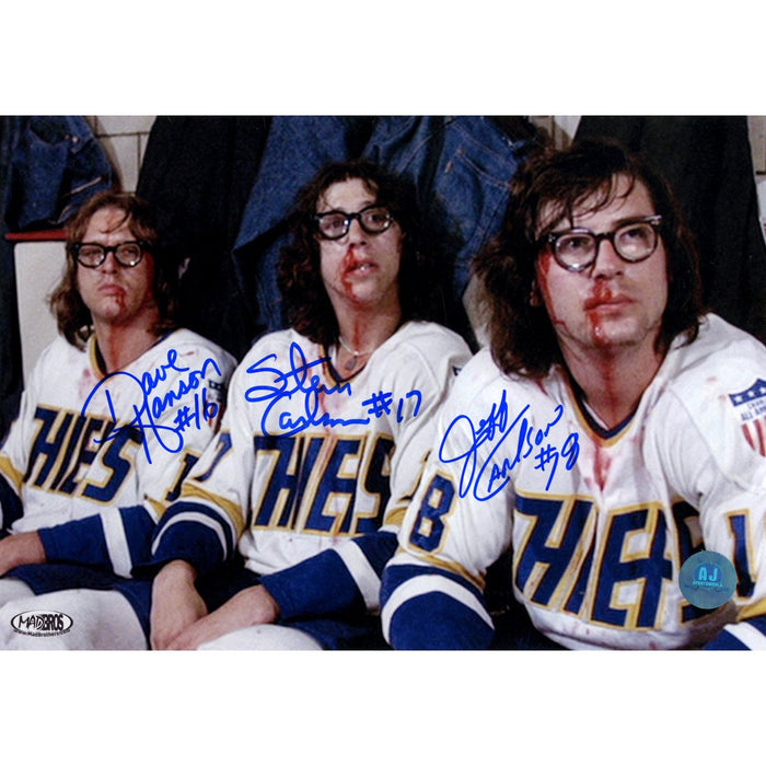 The Hanson Brothers Signed Charleston Chiefs Slap Shot Post Fight Bloody 8x10 Photo (AJ Sports Auth)