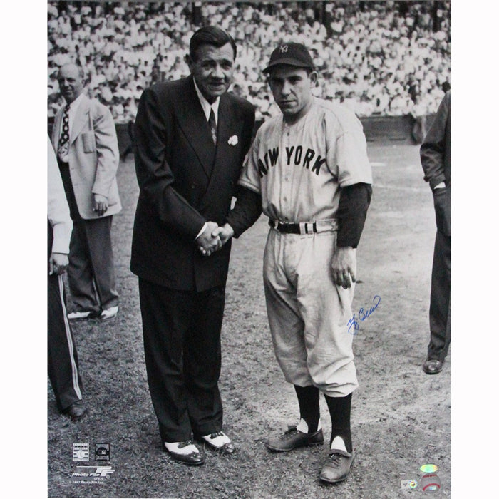 Yogi Berra Signed BW 20x24 W Babe Ruth Vertical Photo