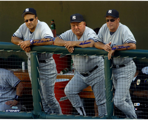 Joe Torre  Don Zimmer and Mel Stottlemyre Triple Signed On Dugout Steps 16x20 Photo (Signed in Blue)(MLB Auth)