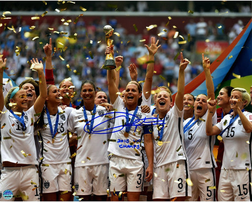 Christie Rampone Signed Team USA 2015 Women's World Cup Final Champions Trophy Celebration 8x10 Photo w/ "2015 WC Champs" Insc