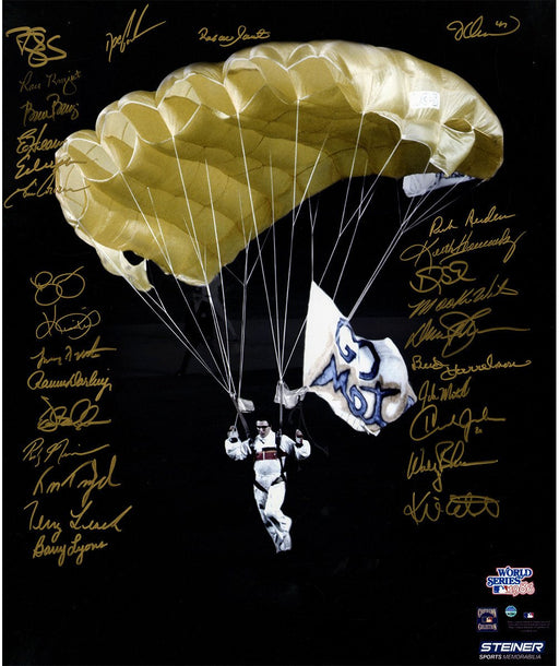 1986 New York Mets Team Signed World Series Parachuter Landing On Field At Shea Stadium 20x24 Photo (28 Signatures)