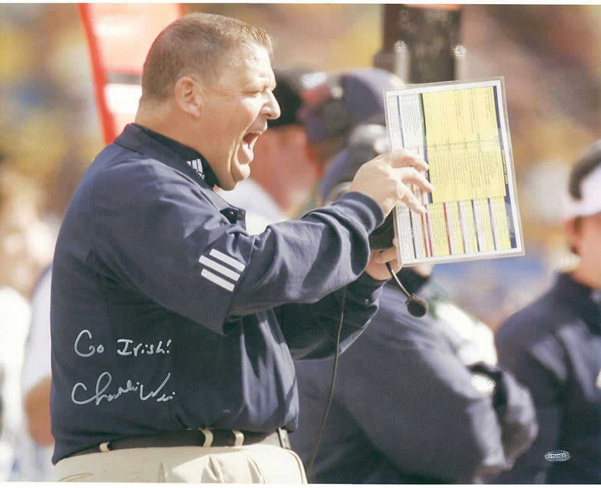 Charlie Weis Yelling from Sidelines w/ " Go Irish" Insc. 16x20 Photo