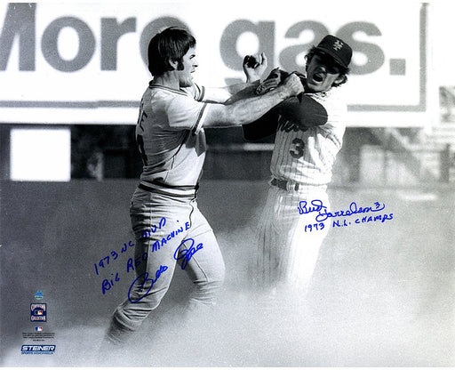 Pete Rose/Bud Harrelson Dual Signed B/W Fighting With Pete Rose 16x20 Photo w/ "1973 NL Champs" Insc By Harrelson "1973 NL MVP  Big Red Machine" Insc. By Rose