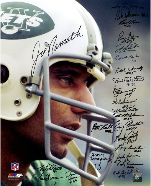 1969 New York Jets Team Signed Joe Namath Close Up Wearing Helmet 16x20 Photo (24 Signatures)