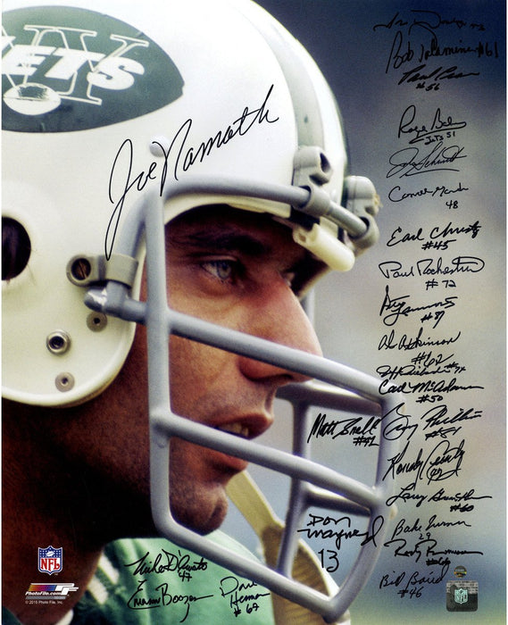 1969 New York Jets Team Signed Joe Namath Close Up Wearing Helmet 16x20 Photo (24 Signatures)