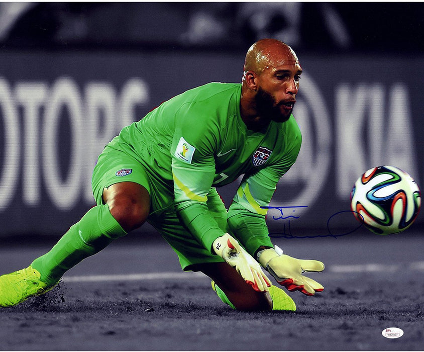 Tim Howard Signed USA Green Jersey Save Horizontal 16x20 Photo ( JSA)