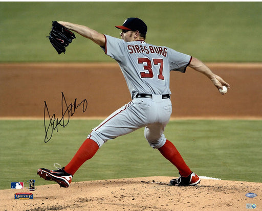 Stephen Strasburg Signed Horizontal Pitching w/ Grey Jersey 16x20 Photo (MLB Auth)