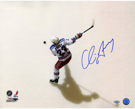 Chris Drury Rangers White Jersey Slap Shot Overhead Horizontal 16x20 Photo