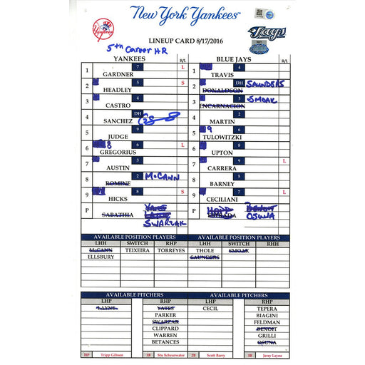 Gary Sanchez Signed Blue Jays at Yankees 8-17-2016 Game Used Lineup Card w/ " 5th Career HR" Insc (JB814250)