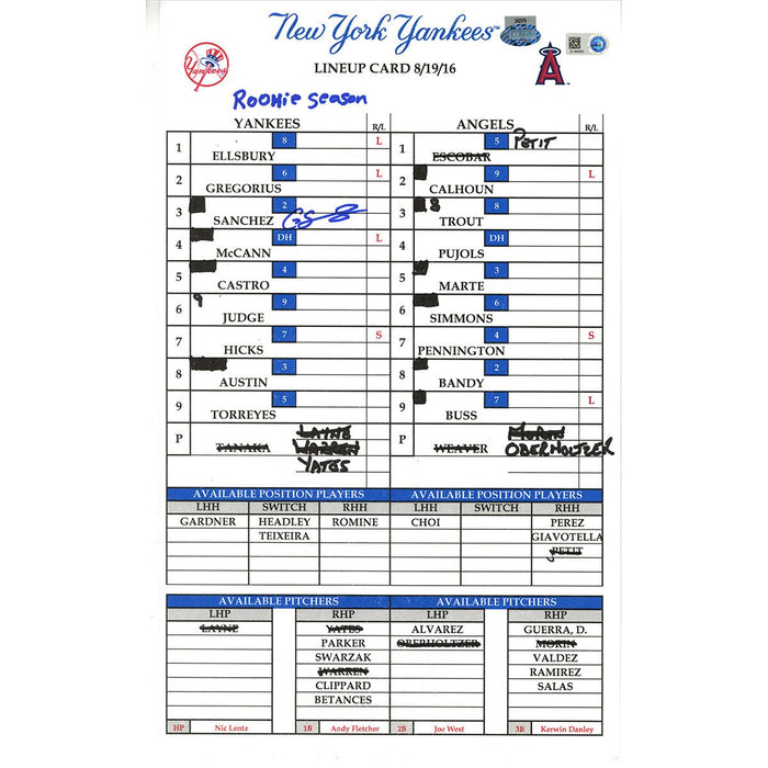 Gary Sanchez Signed Yankees at Angels 8-19-2016 Game Used Lineup Card w/ "Rookie Season" Insc (JC093933)