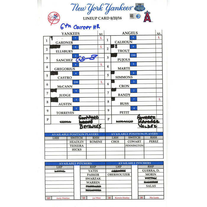 Gary Sanchez Signed Yankees at Angels 8-20-2016 Game Used Lineup Card w/ "6th Career HR" Insc (JC093964)