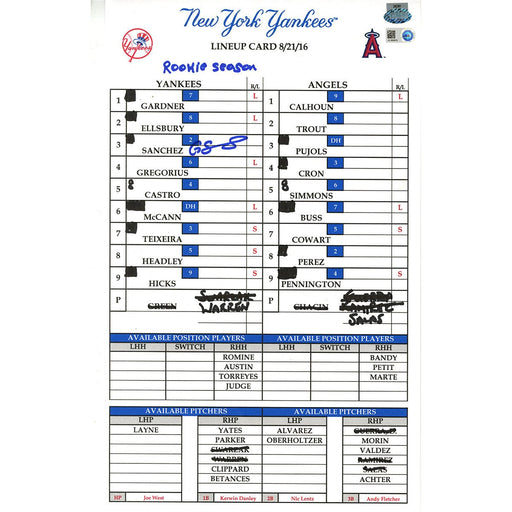 Gary Sanchez Signed Yankees at Angels 8-21-2016 Game Used Lineup Card w/ "Rookie Season" Insc  (JC093978)