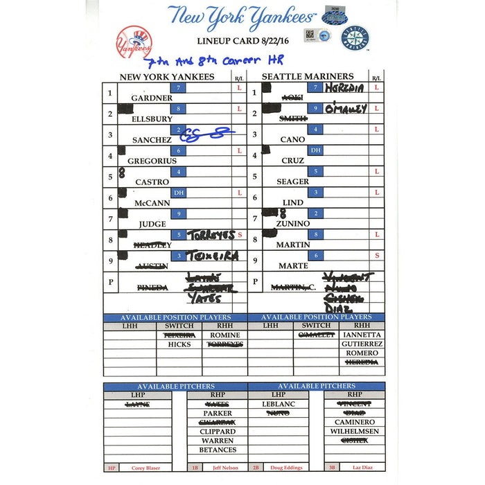 Gary Sanchez Signed Yankees at Mariners 8-22-2016 Game Used Lineup Card w/ "7th + 8th Career HR" Insc (JC109761)