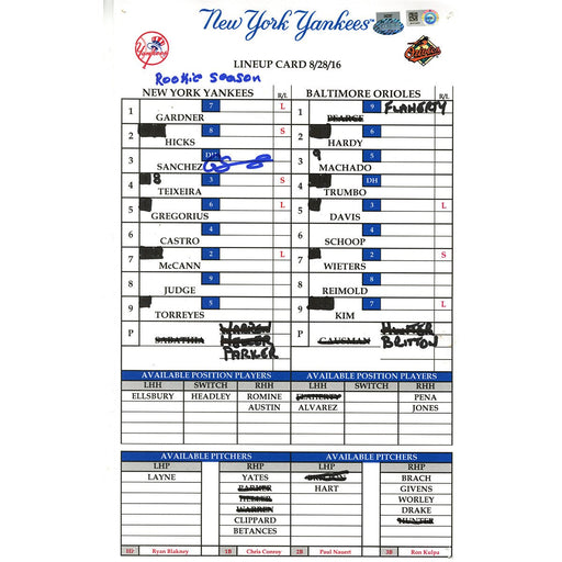 Gary Sanchez Signed Orioles at Yankees 8-28-2016 Game Used Lineup Card w/ "Rookie Season" Insc (JB814357)