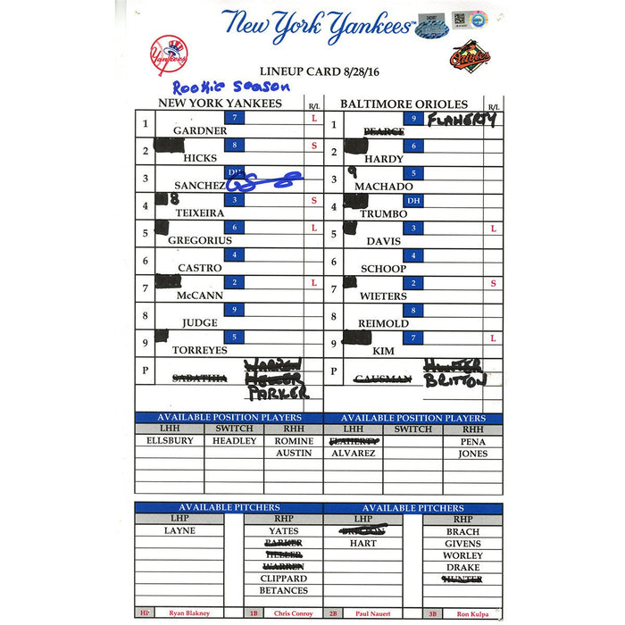 Gary Sanchez Signed Orioles at Yankees 8-28-2016 Game Used Lineup Card w/ "Rookie Season" Insc (JB814357)