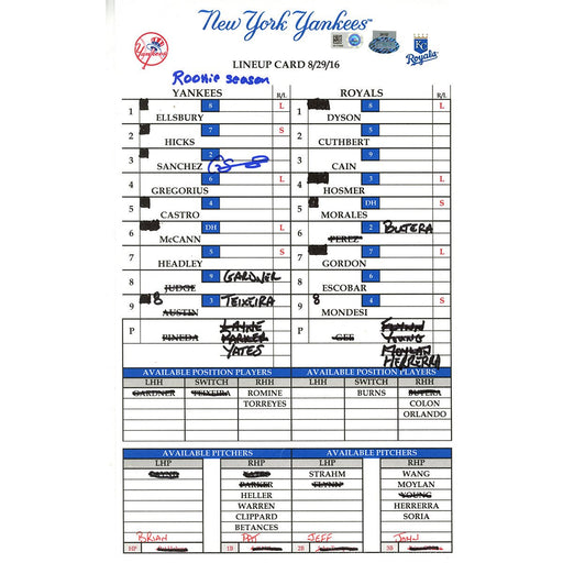 Gary Sanchez Signed Yankees at Royals 8-29-2016 Game Used Lineup Card w/ "Rookie Season" Insc (JB070959)