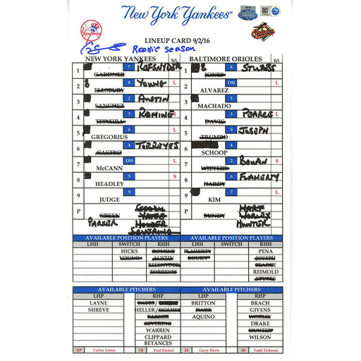 Gary Sanchez Signed Yankees at Orioles 9-2-2016 Game Used Lineup Card w/ "Rookie Season" Insc (HZ923852)