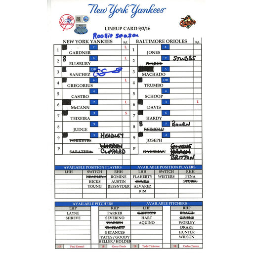 Gary Sanchez Signed Yankees at Orioles 9-3-2016 Game Used Lineup Card w/ "Rookie Season" Insc (JB049040)