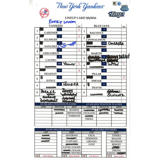 Gary Sanchez Signed Blue Jays at Yankees 9-6-2016 Game Used Lineup Card w/ "Rookie Season" Insc (JB814429)