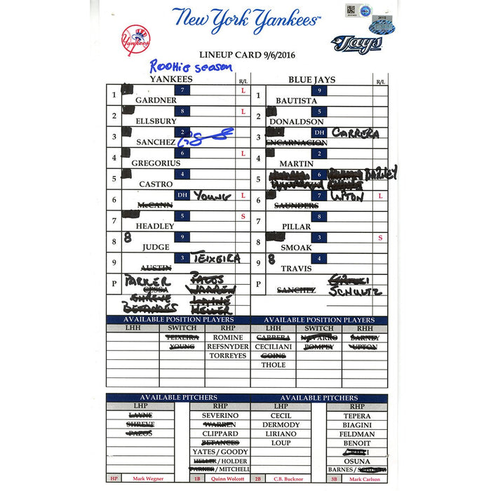 Gary Sanchez Signed Blue Jays at Yankees 9-7-2016 Game Used Lineup Card w/ "Rookie Season" Insc (JB814528)
