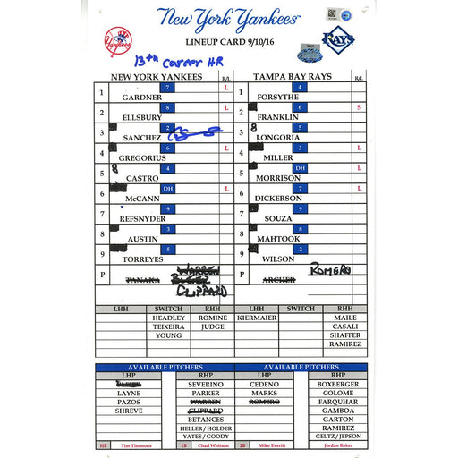 Gary Sanchez Signed Rays at Yankees 9-10-2016 Game Used Lineup Card w/ "13th Career HR" Insc (JB814607)