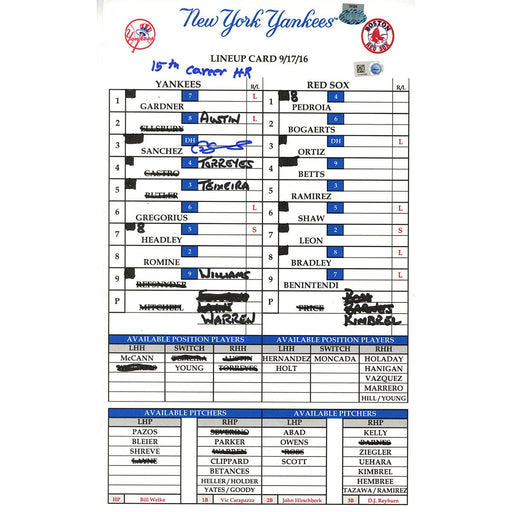 Gary Sanchez Signed Yankees at Red Sox 9-17-2016 Game Used Lineup Card w/ "15th Career HR" Insc (JC047098)