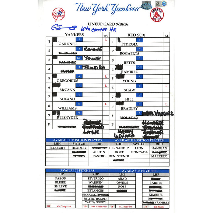 Gary Sanchez Signed Yankees at Red Sox 9-18-2016 Game Used Lineup Card w/ "16th Career HR" Insc (JC101997)