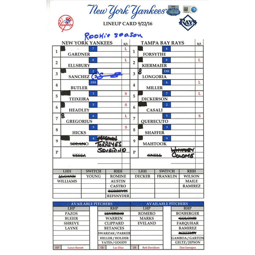 Gary Sanchez Signed Yankees at Rays 9-22-2016 Game Used Lineup Card  w/ "Rookie Season" Insc (JB348762)