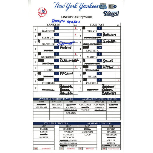 Gary Sanchez Signed Yankees at Blue Jays 9-23-2016 Game Used Lineup Card  w/ "Rookie Season" Insc (JB972146)