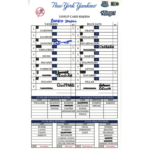 Gary Sanchez Signed Yankees at Blue Jays 9-24-2016 Game Used Lineup Card  w/ "Rookie Season" Insc (JB972199)