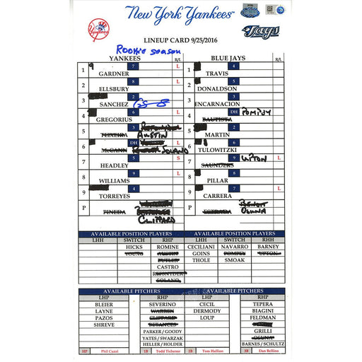 Gary Sanchez Signed Yankees at Blue Jays 9-25-2016 Game Used Lineup Card  w/ "Rookie Season" Insc (JB778519)