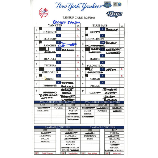 Gary Sanchez Signed Yankees at Blue Jays 9-26-2016 Game Used Lineup Card  w/ "Rookie Season" Insc (JB986547)