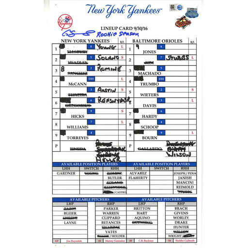 Gary Sanchez Signed Orioles at Yankees 9-30-2016 Game Used Lineup Card  w/ "Rookie Season" Insc (JB814890)