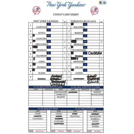 Toronto at Yankees 7-5-2017 Game Used Lineup Card (JC039130)