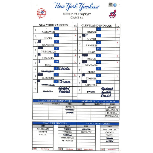 Cleveland at Yankees 8-30-2017 Game #1 Game Used Lineup Card (JB849974)