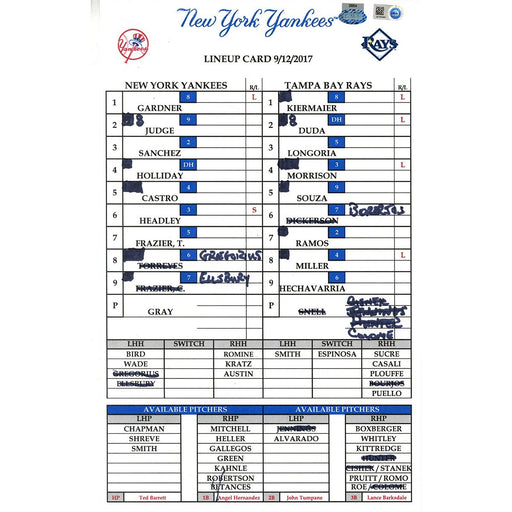 Yankees at Tampa Bay 9-12-2017 Game Used Lineup Card (JB830480)