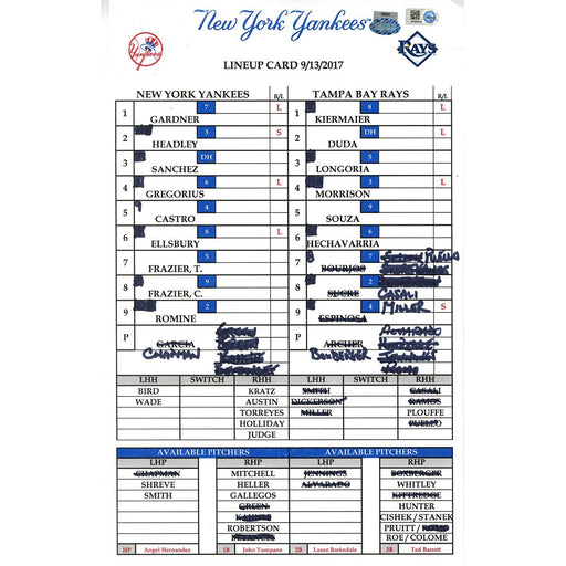 Yankees at Tampa Bay 9-13-2017 Game Used Lineup Card (JB829403)