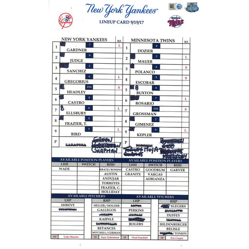 Minnesota at Yankees 9-19-2017 Game Used Lineup Card (JC009598)