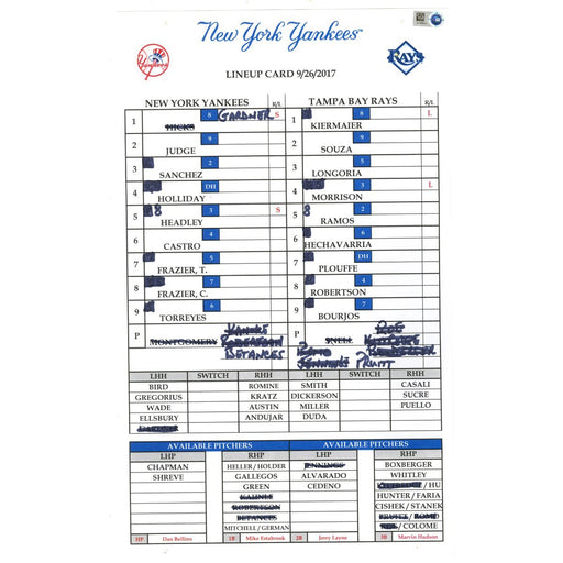 Tampa Bay at Yankees 9-26-2017 Game Used Lineup Card(JC358812)