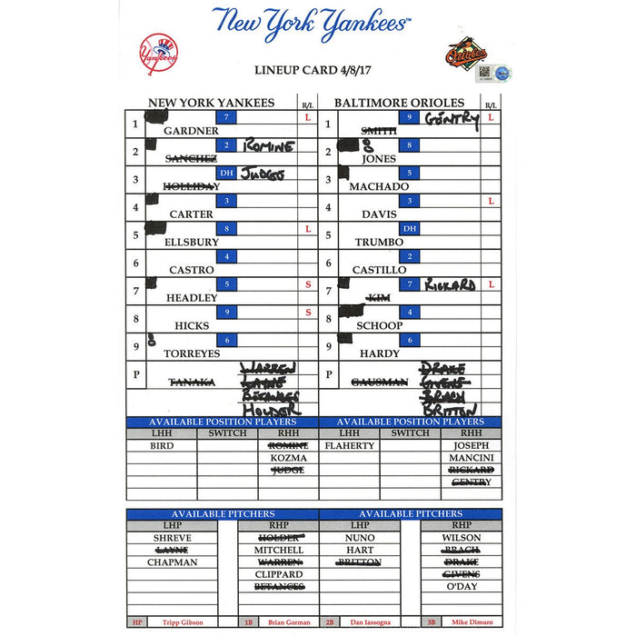 Yankees at Baltimore 4-8-2017 Game Used Lineup Card (JC108503)