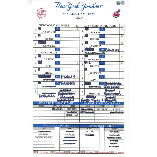 New York Yankees at Cleveland Indians 10-06-2017 Game Used Lineup Card (JB902407) ALDS Game #2